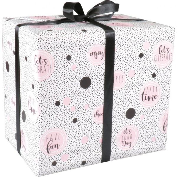 Klika - Papier d'emballage cadeau | 50 cm | 100m | 80gr/m² | L'heure de la fête | blanc/noir/rose