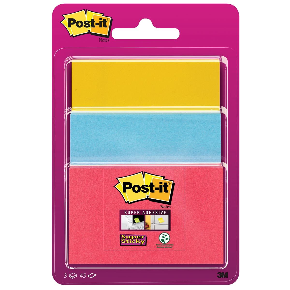 Post-it Super Sticky - Super Sticky notes, 45 vel, 3 formaten, geassorteerde kleuren , op blister