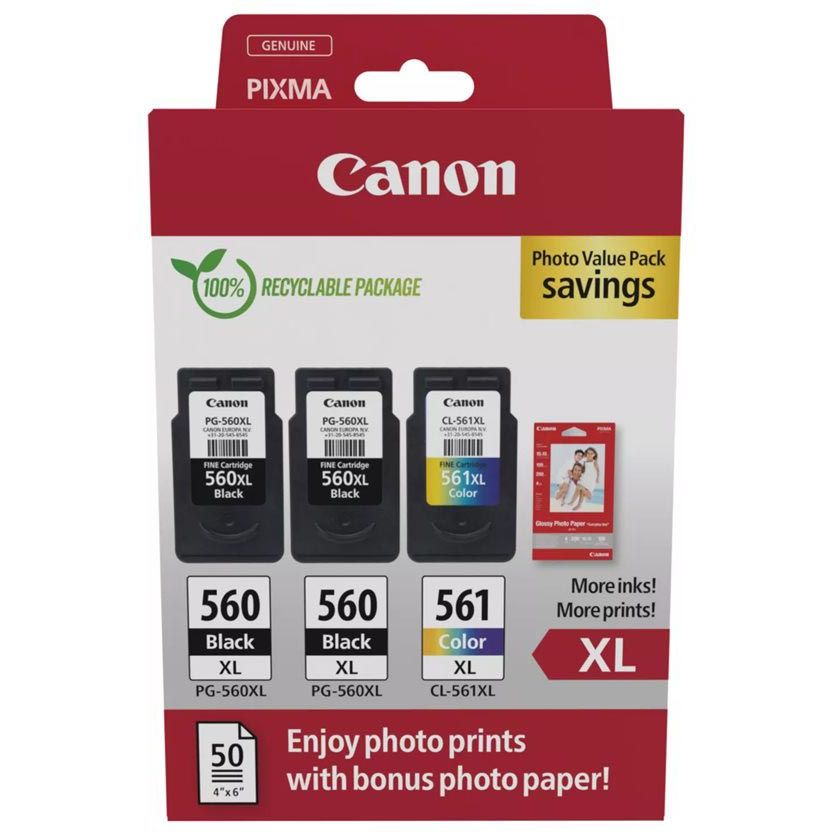 Canon - Pack économique photo 2 x PG-560XL + 1 x CL-561XL, 300 400 pages, OEM 3712C012, 4 couleurs