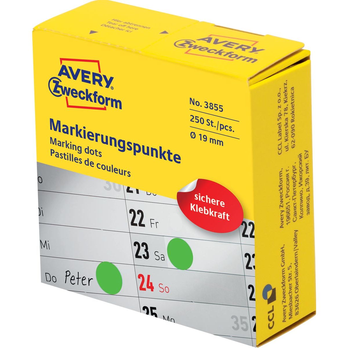 Avery - marcar puntos, 19 mm Ø, rollo con 250 unidades, verde