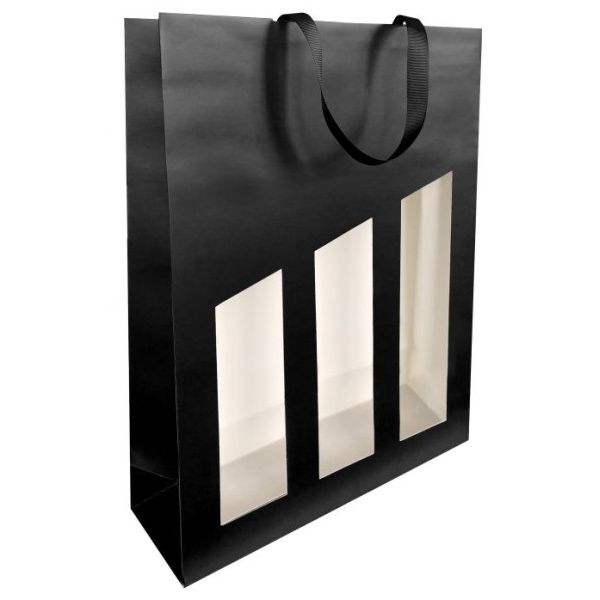 Seducción - Bolsa para botellas de vino 3 botellas 19x9,5X38,5cm revestida negra con ventana 10 piezas