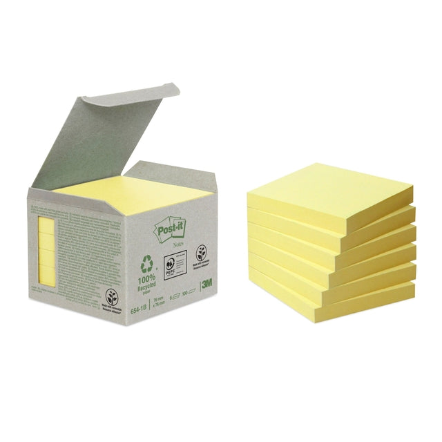 Post-it - Blocco note 654-1B 76x76mm riciclato giallo 6 pezzi