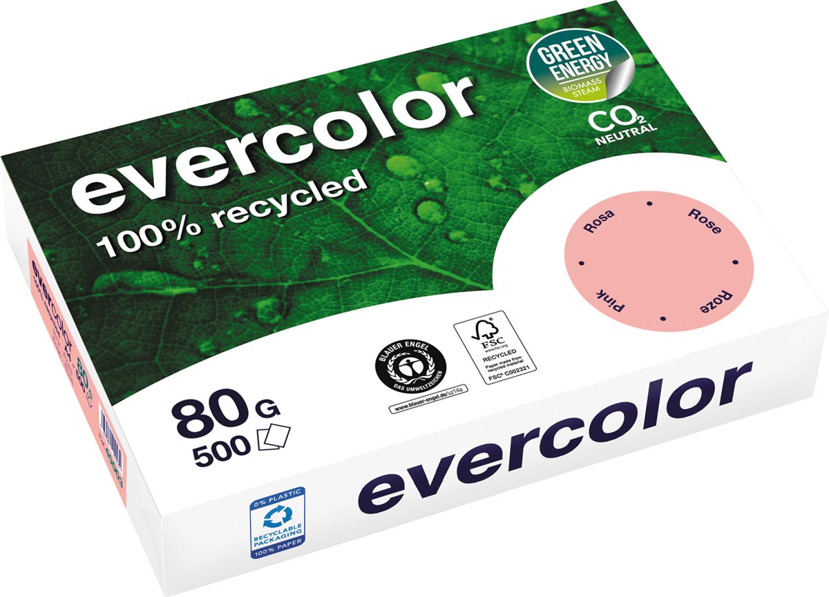 Clairefontaine - Evercolor, carta riciclata colorata, A4, 80 g, 500 fogli, rosa