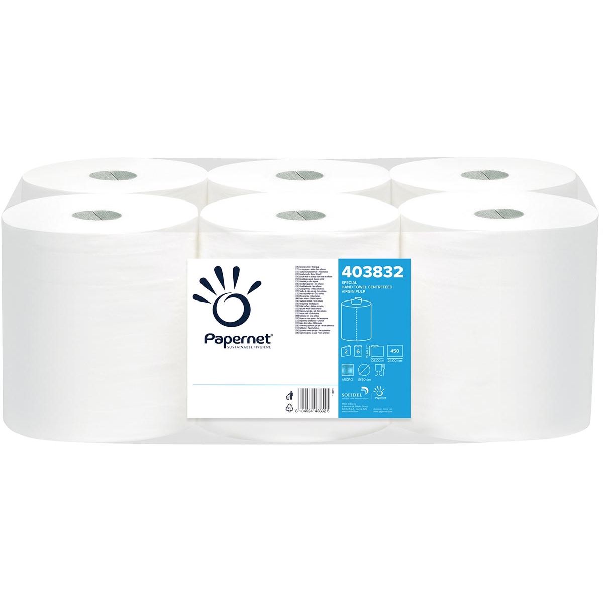 Papernet - papieren handdoeken Maxi Centerfeed, 2-laags, 108 m, 450 vel, pak van 6 rollen