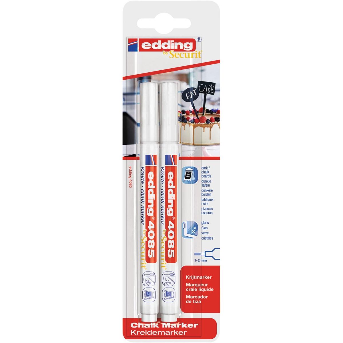 Edding - Rotulador de tiza e-4085, punta redonda de 1,2 mm, blister de 2 unidades, blanco