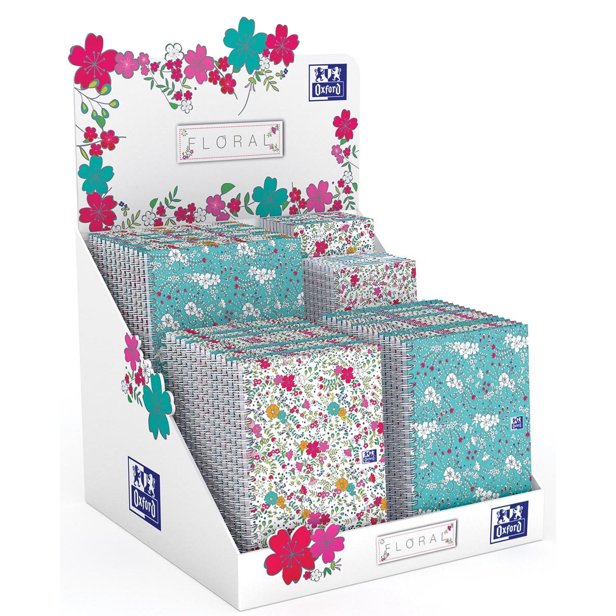 Oxford - Blocco note floreale e quaderno a spirale, ft A5/A6/B5, quadretti 5 mm, espositore da 60 pezzi
