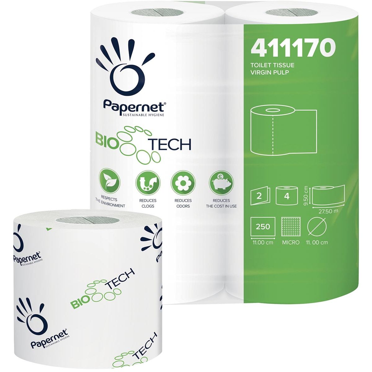 Papernet - carta igienica Bio Tech, 2 veli, 250 fogli, confezione da 4 rotoli