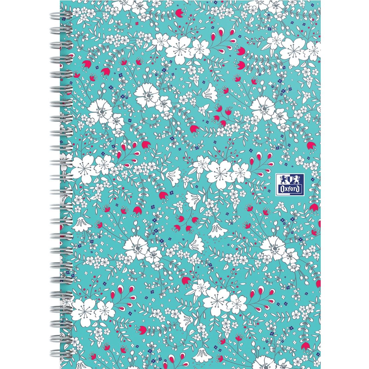 Oxford - Cuaderno de espiral con tapa dura floral, tamaño B5, 60 hojas, cuadros 5 mm, turquesa