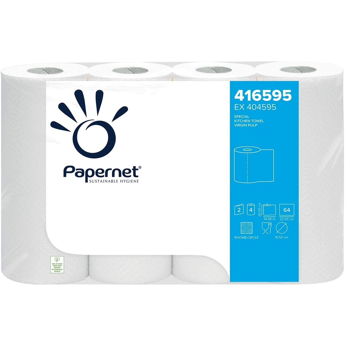 Papernet - keukenrol, 2-laags, 64 vellen, pak van 4 rollen