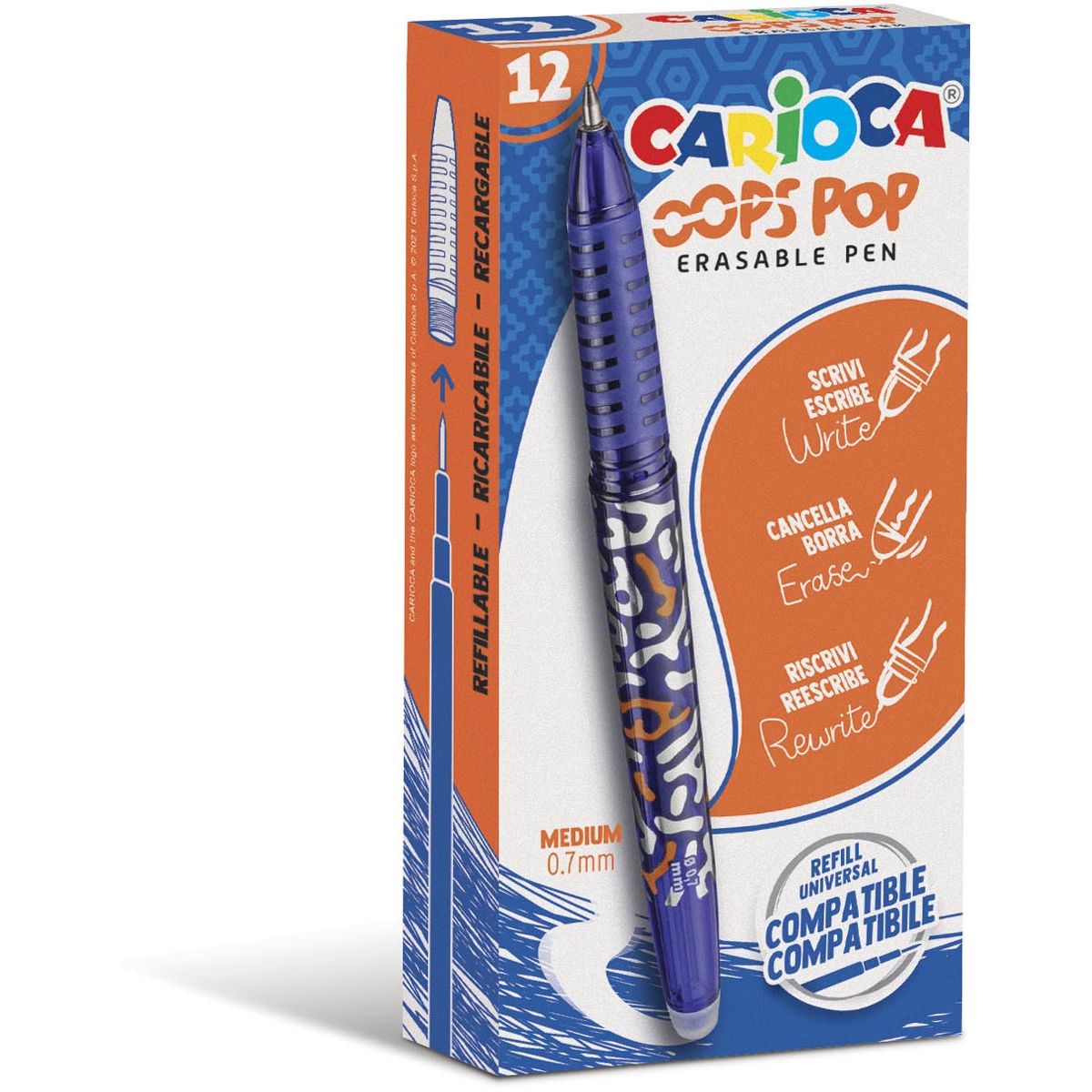 Carioca - rullo gel Oops Pop, medio, cancellabile, scatola da 12 pezzi, blu