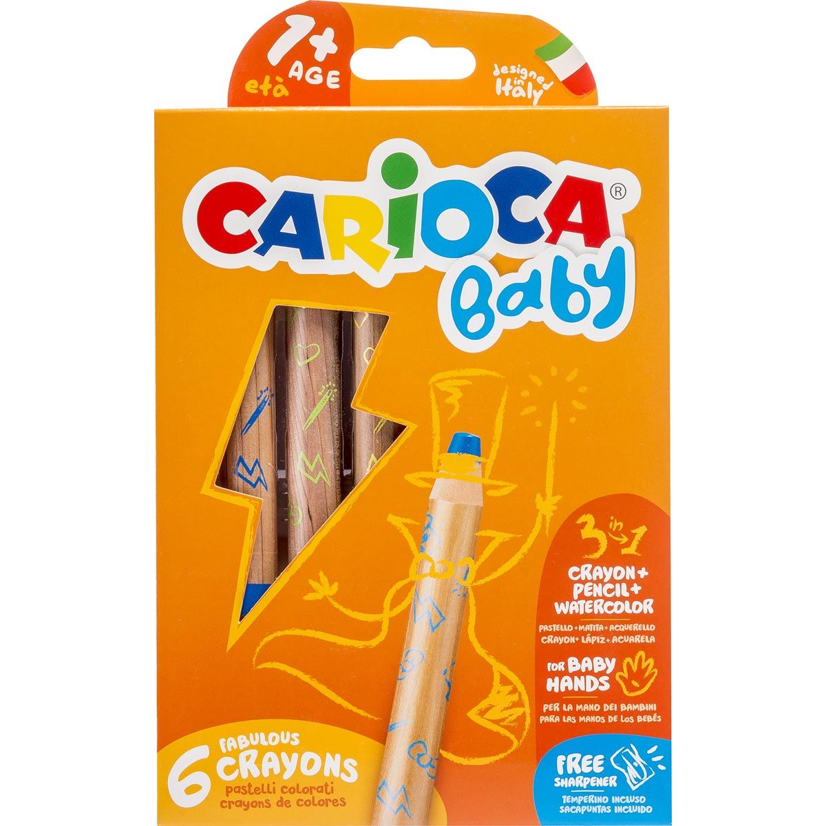 Carioca - Crayon de couleur Baby 3 en 1, couleurs assorties, 6 pièces dans un étui en carton