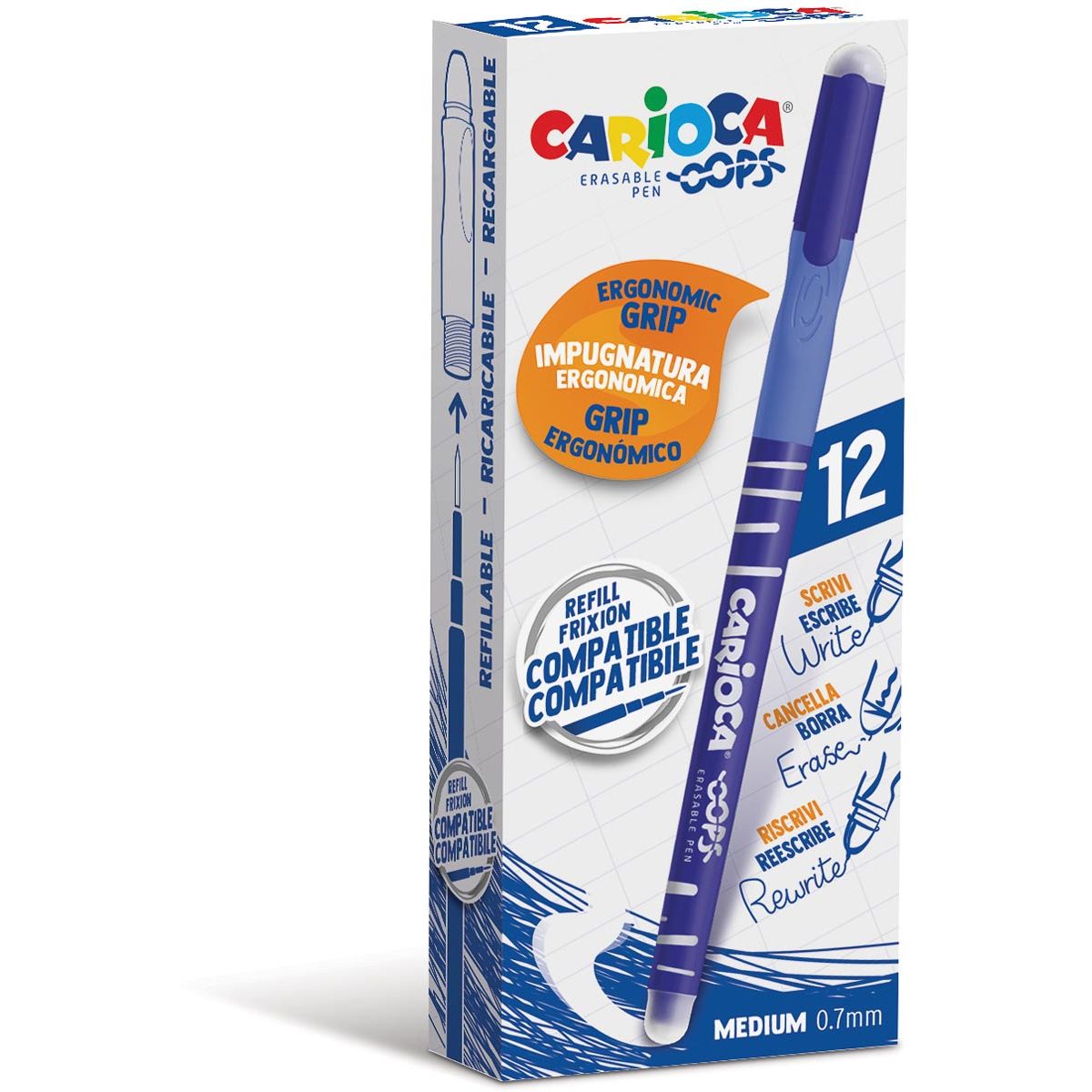 Carioca - penna a sfera Oops, media, cancellabile, scatola da 12 pezzi, blu