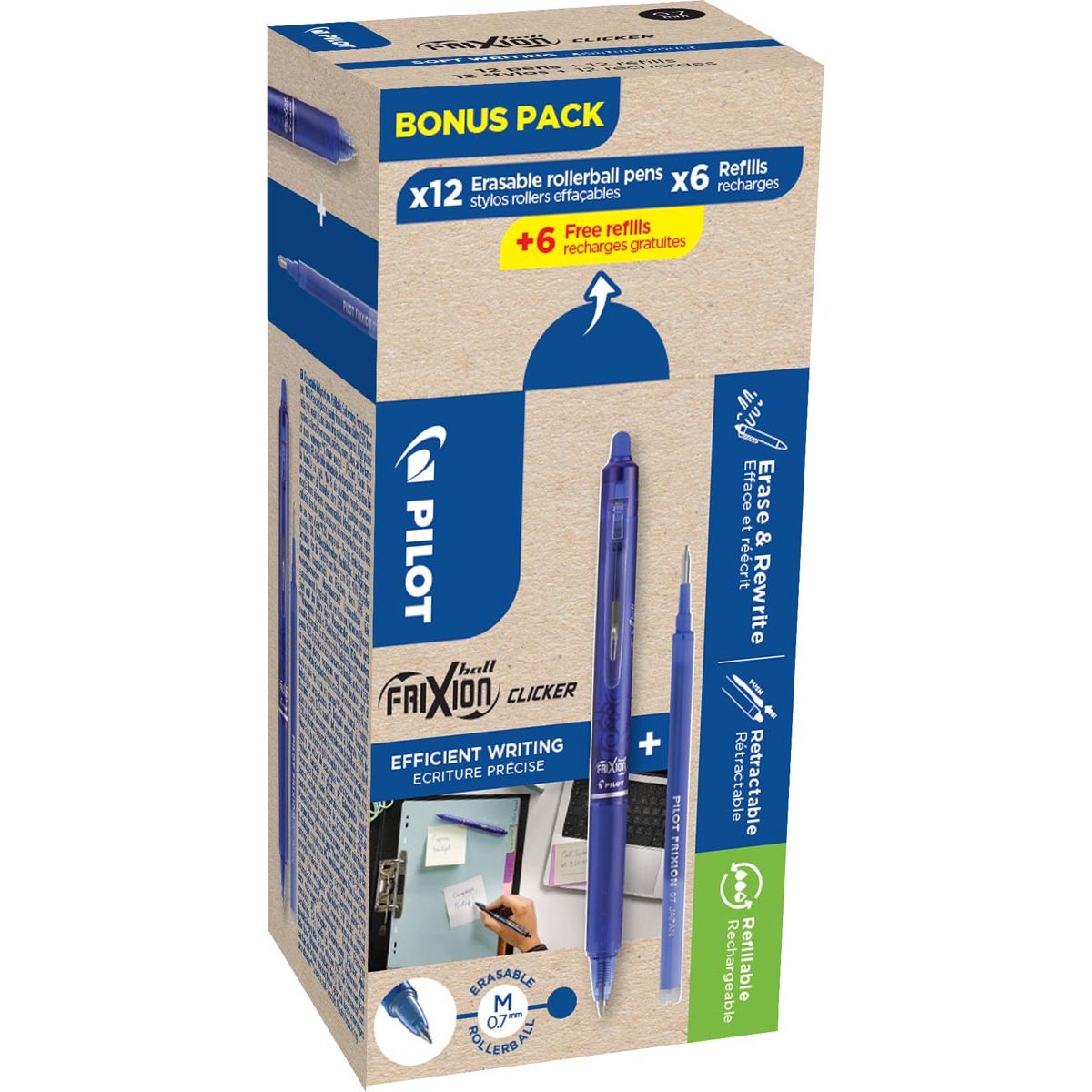 Pilot - Frixion Ball Clicker, 12 rulli e 6+6 ricariche 0,7 mm, blu