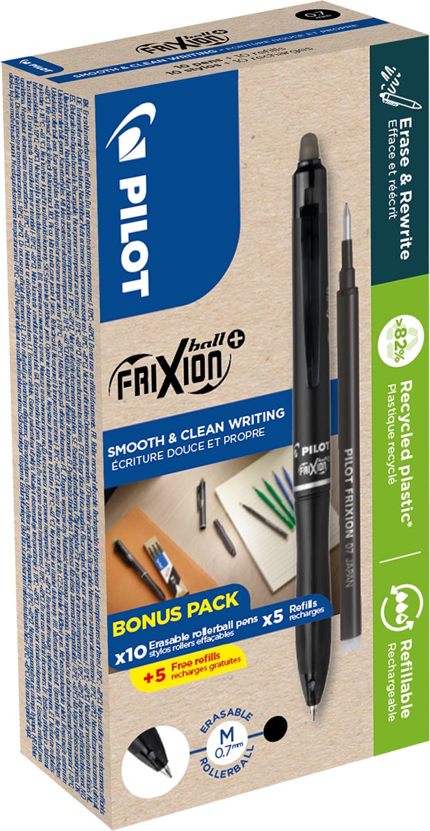 Pilot - Rullo FriXion Ball Plus, medio, nero, scatola da 10 pezzi + 10 ricariche