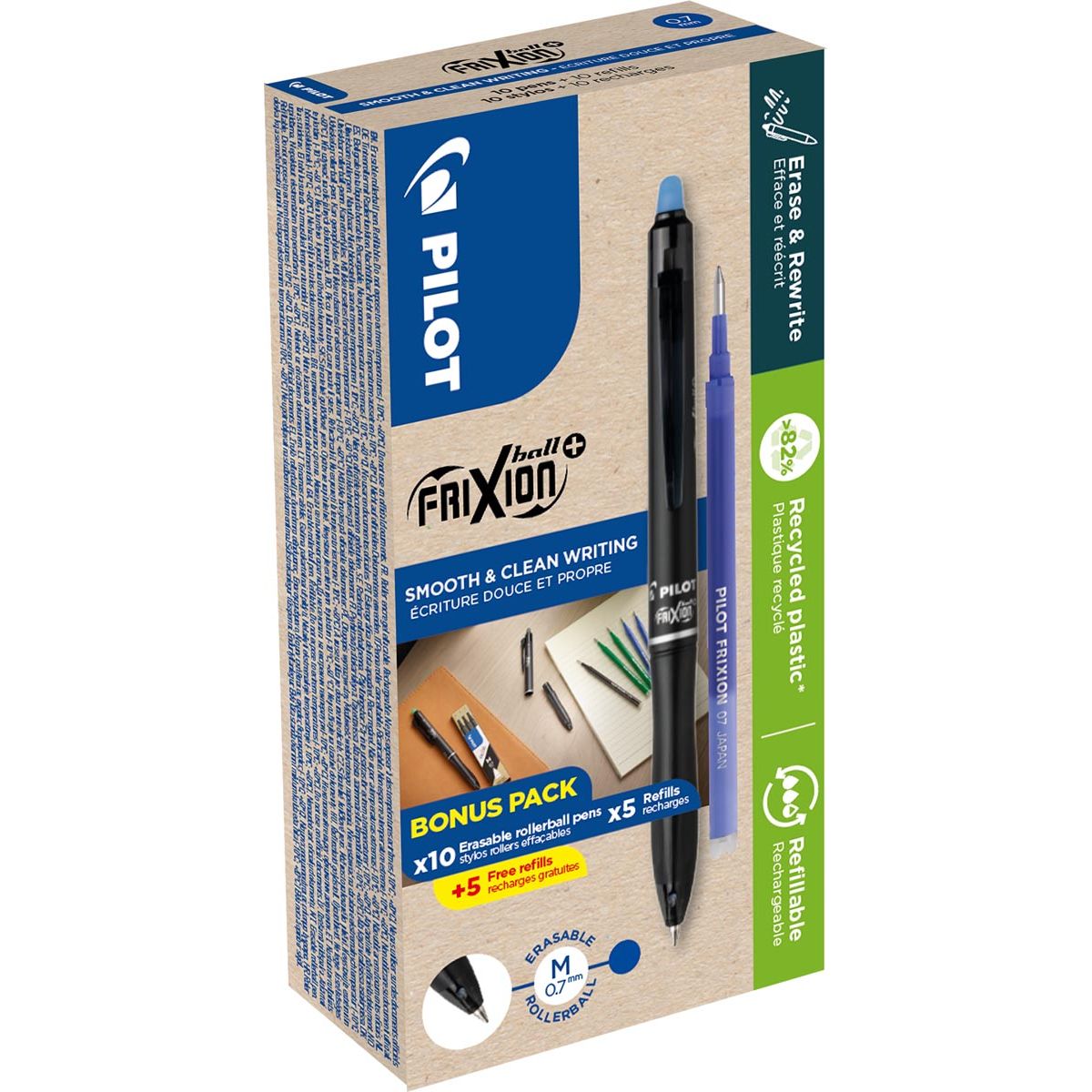 Pilot - FriXion Ball Plus roller, medium, blue, box of 10 pieces + 10 refills