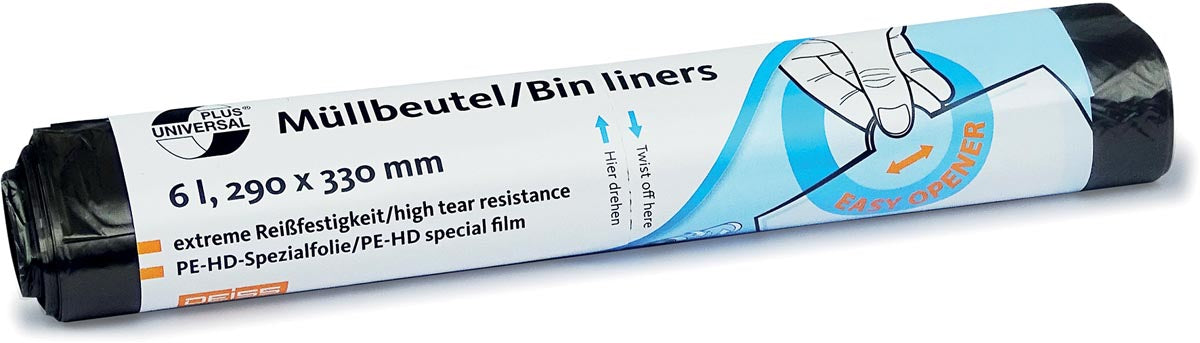 Klika - Sac poubelle 6 microns, pi 29 x 33 cm, 6 litres, noir, rouleau de 50 pièces