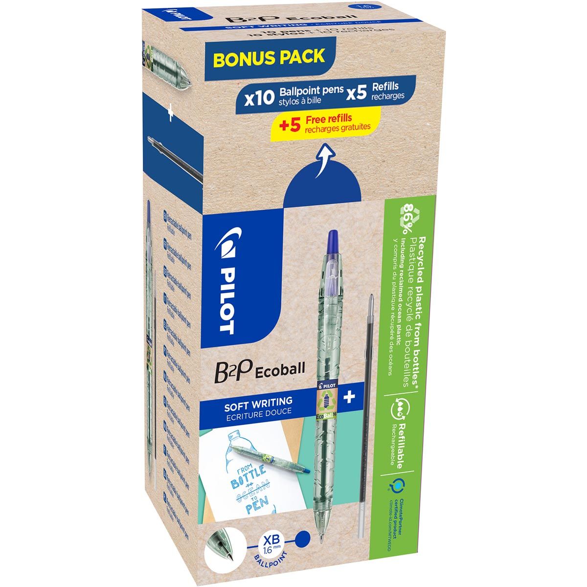 Pilot - Stylo bille Ecoball B2P BeGreen, grand, bleu, boîte de 10 pièces + 10 recharges