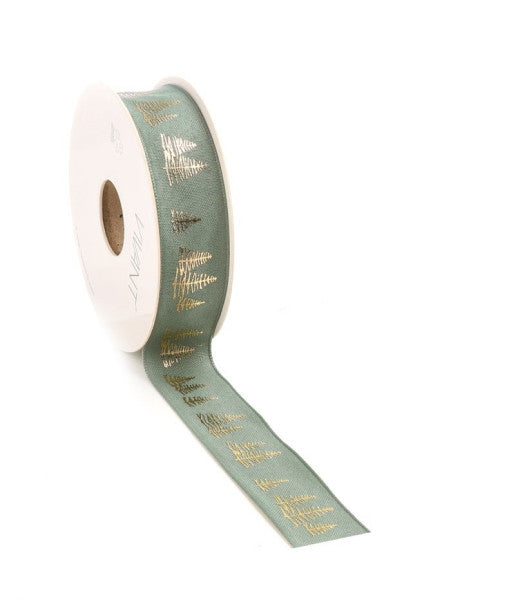 Kerst Lint woven FIR 25mm x 15 meter sage green