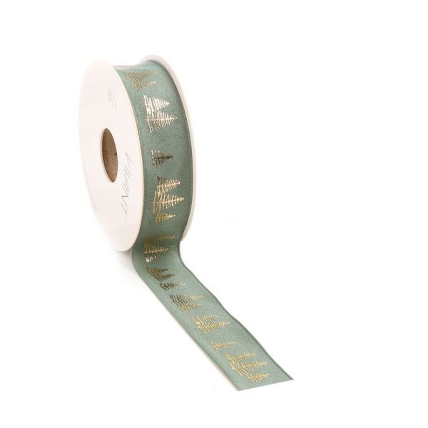 Kerst Lint woven FIR 25mm x 15 meter sage green