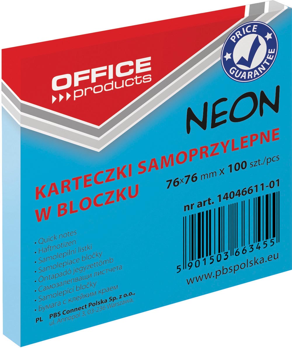 OFFICE products - memoblok Neon, 76 x 76 mm, 100 vel, neonblauw