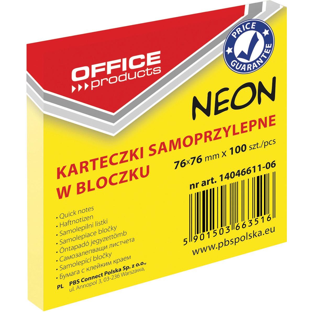 OFFICE products - memoblok Neon, ft 76 x 76 mm, 100 vel, neongeel