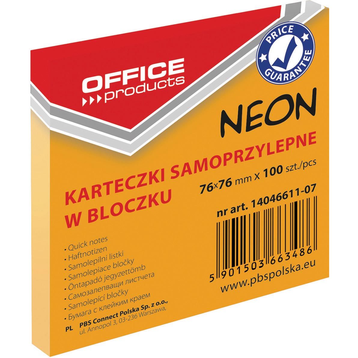 OFFICE products - memoblok Neon, 76 x 76 mm, 100 vel, neonoranje