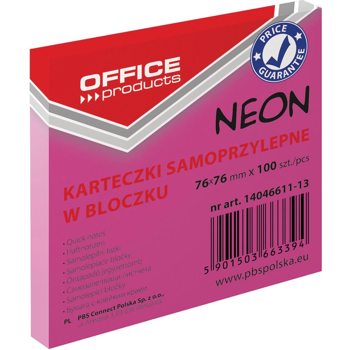 OFFICE products - memoblok Neon, ft 76 x 76 mm, 100 vel, neonroze