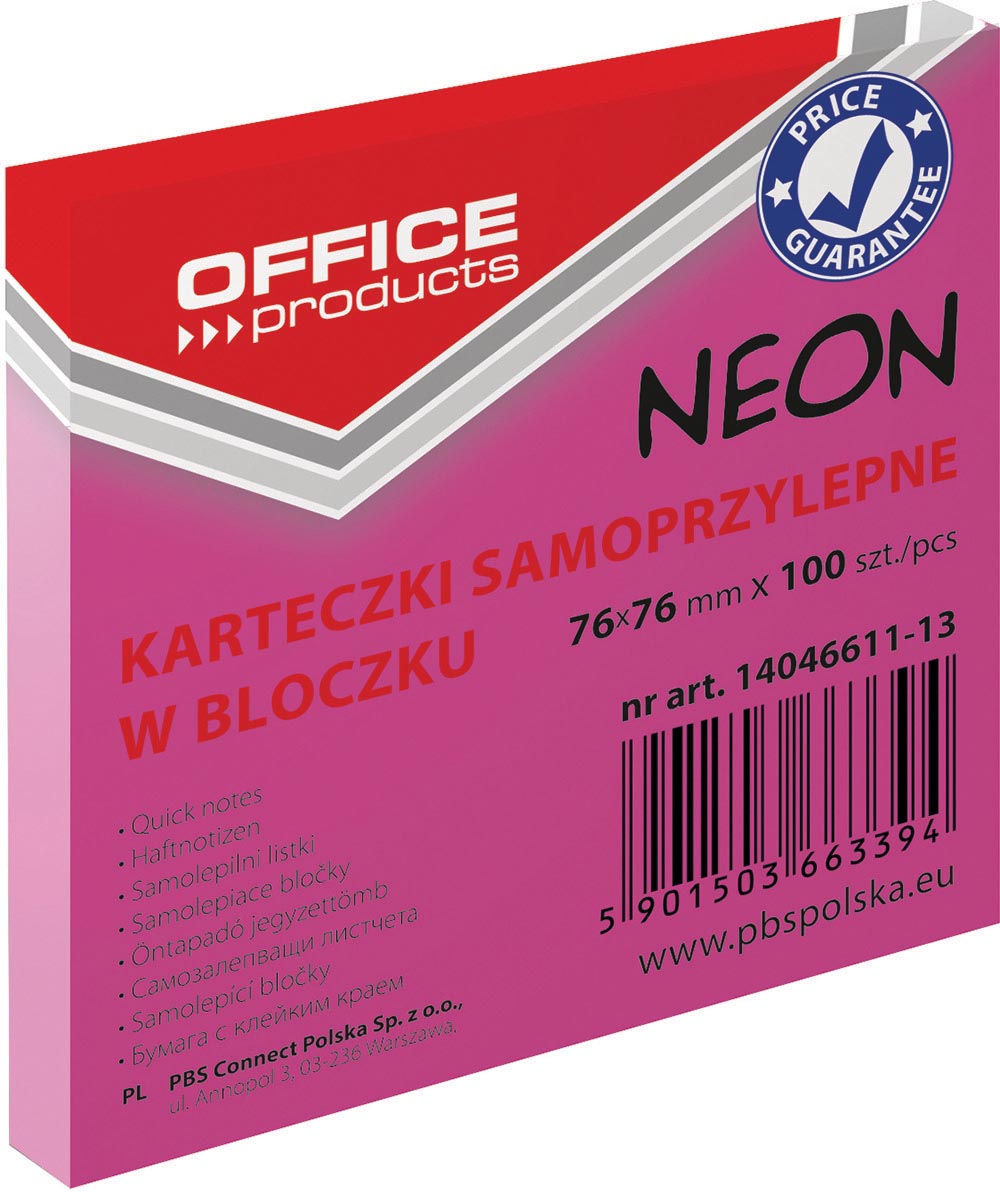 OFFICE products - memoblok Neon, 76 x 76 mm, 100 vel, neonroze
