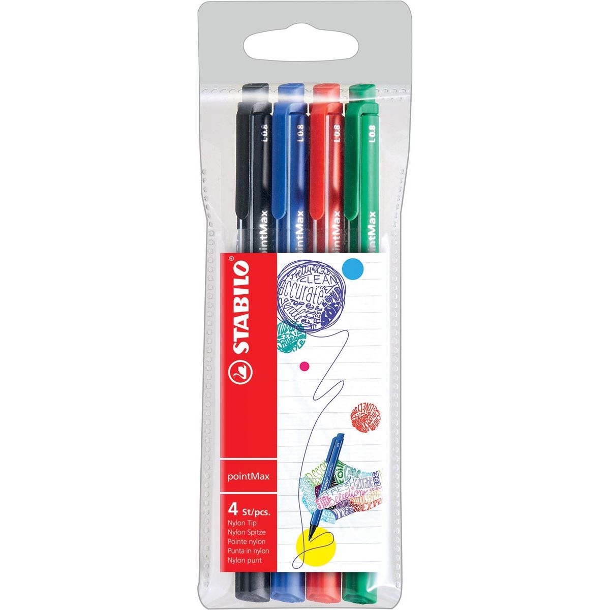 STABILO - stylo d'écriture pointMax, 0,8 mm, étui de 4 pièces en couleurs standards assorties