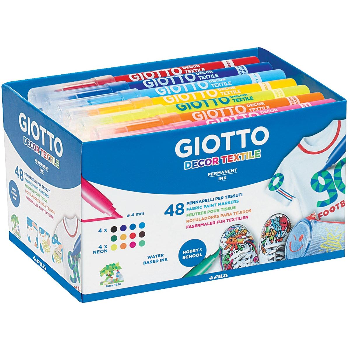Giotto - Decor Textile textielstiften, schoolpack met 48 stuks in geassorteerde kleuren