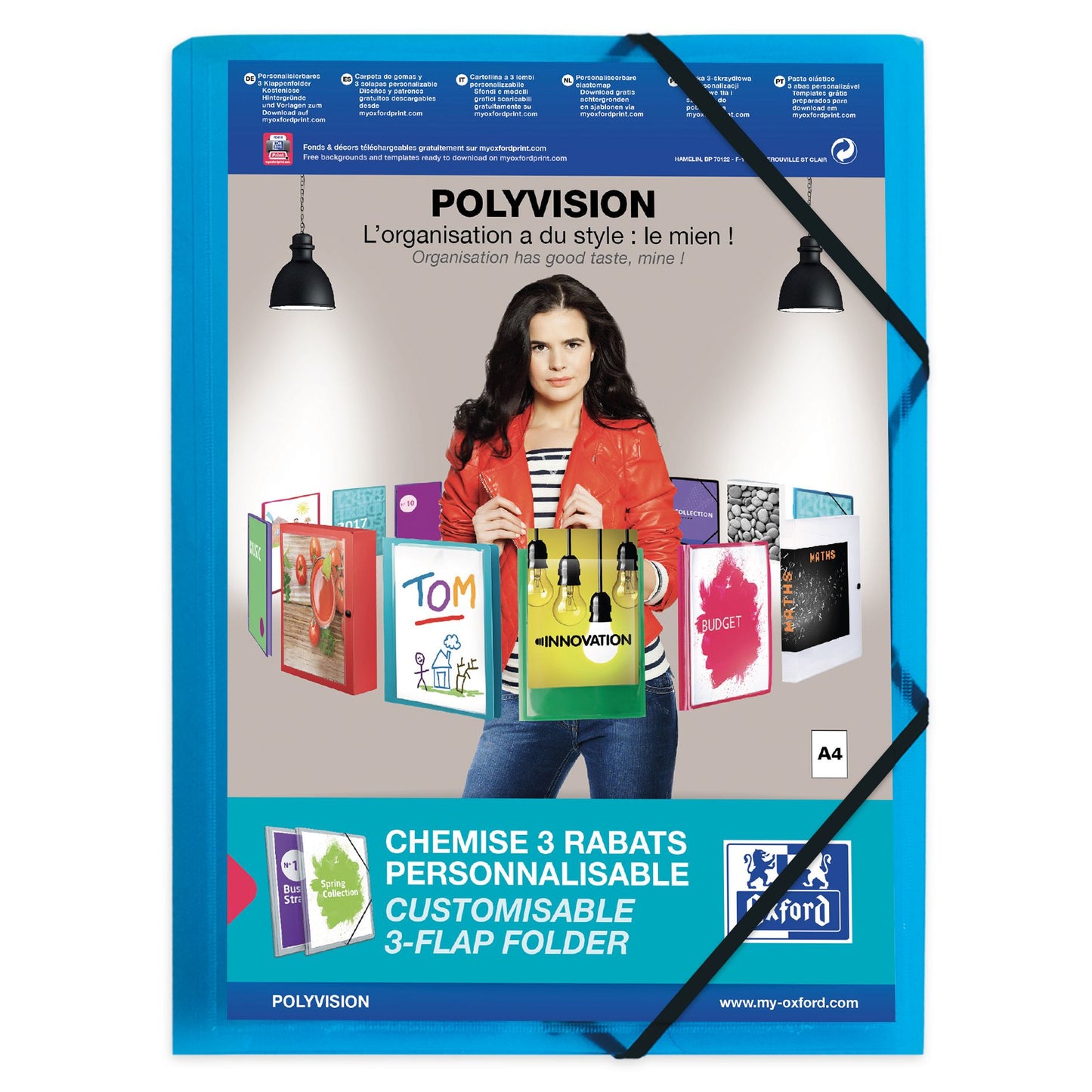 Oxford - Carpeta Elasto Polyvision A4 con bolsa insertable 3 solapas PP azul