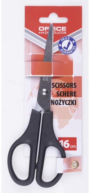 OFFICE products - schaar, 16 cm, rechts en links, scherpe punt, zwart, blister van 1 stuk