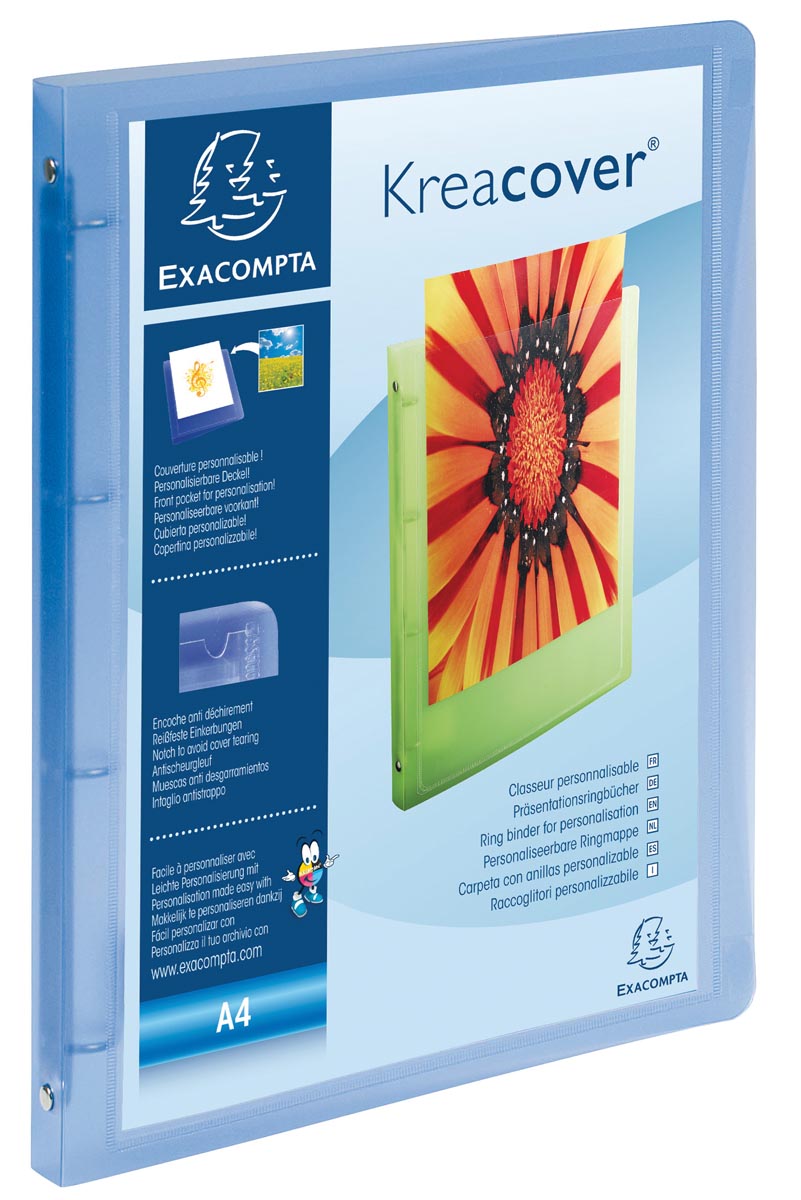 Exacompta - Exaclair Personaliseerbare ringmap Kreacover 4 ringen, transparant blauw