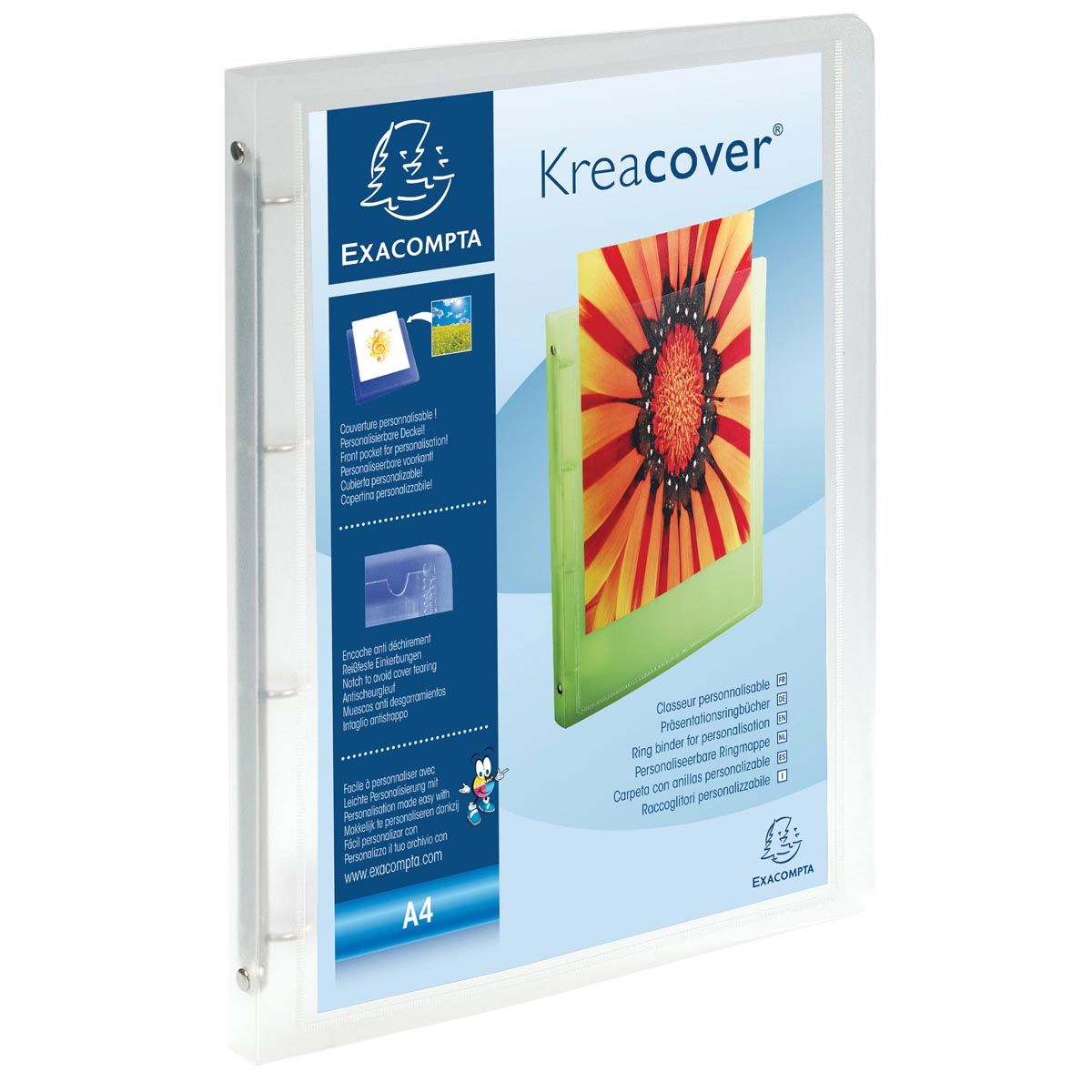 Exacompta - Exaclair Classeur à anneaux personnalisable Kreacover 4 anneaux, blanc transparent