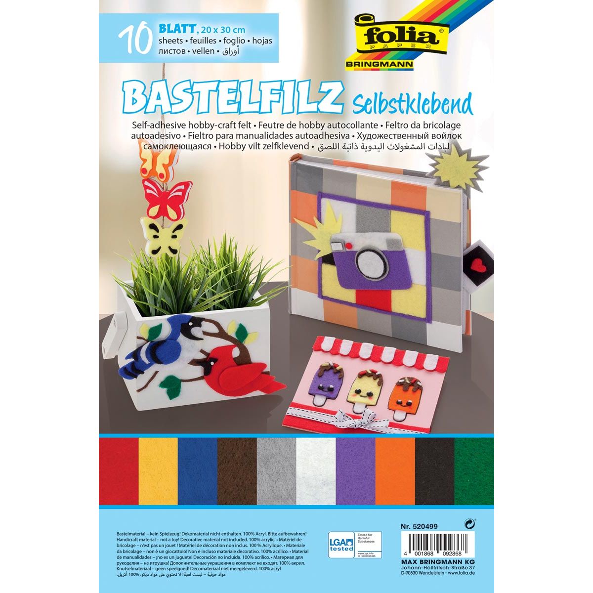 Folia - fieltro autoadhesivo ft 20 x 30 cm, paquete de 10 hojas en colores surtidos