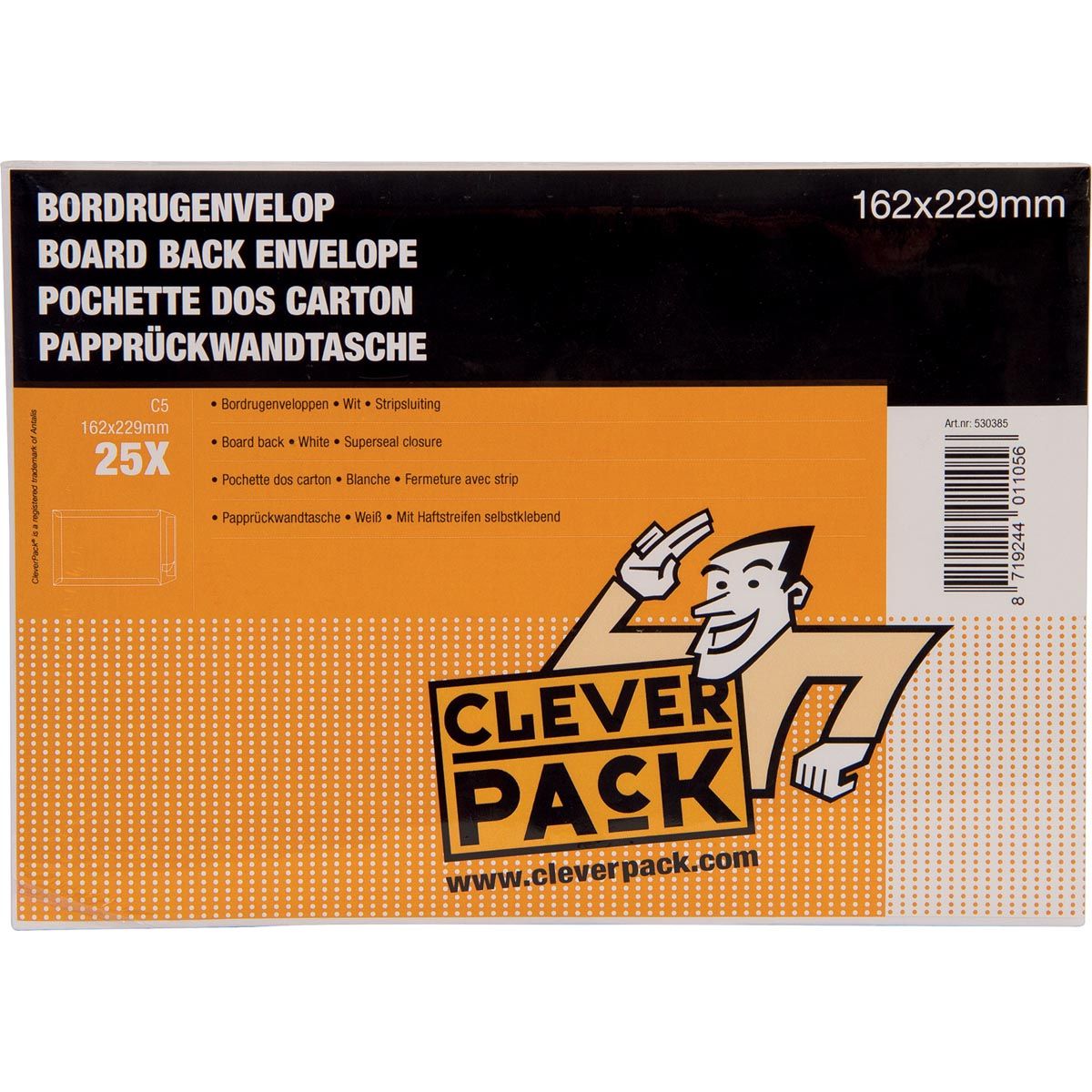 Cleverpack - board back envelopes, ft 162 x 229 mm, with strip closure, white, pack of 25