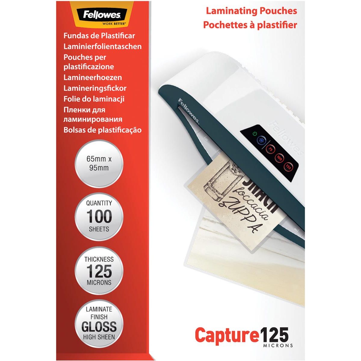 Fellowes - lamineerhoes Capture125 ft 65 x 95 mm, 250 micron (2 x 125 micron), pak van 100 stuks