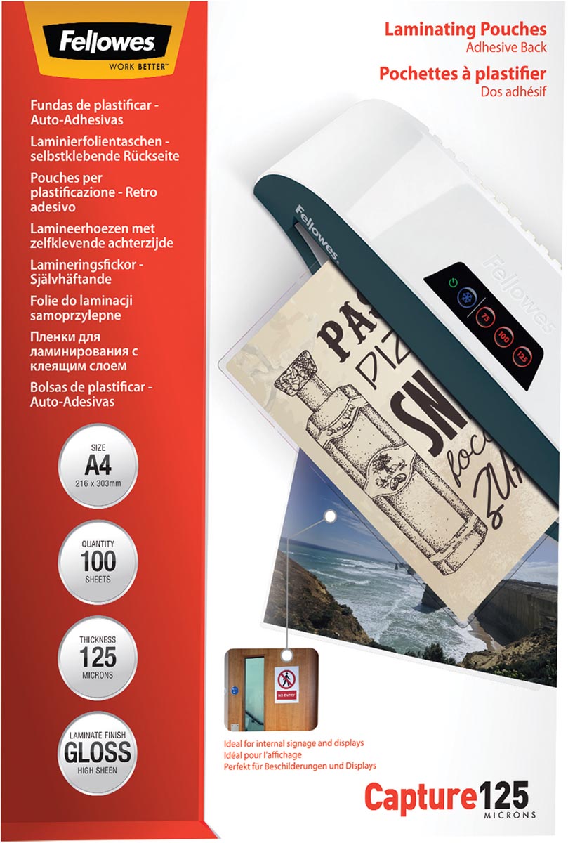 Fellowes - lamineerhoes Capture125 ft A4, 250 micron (2 x 125 micron), pak van 100 stuks, zelfklevend