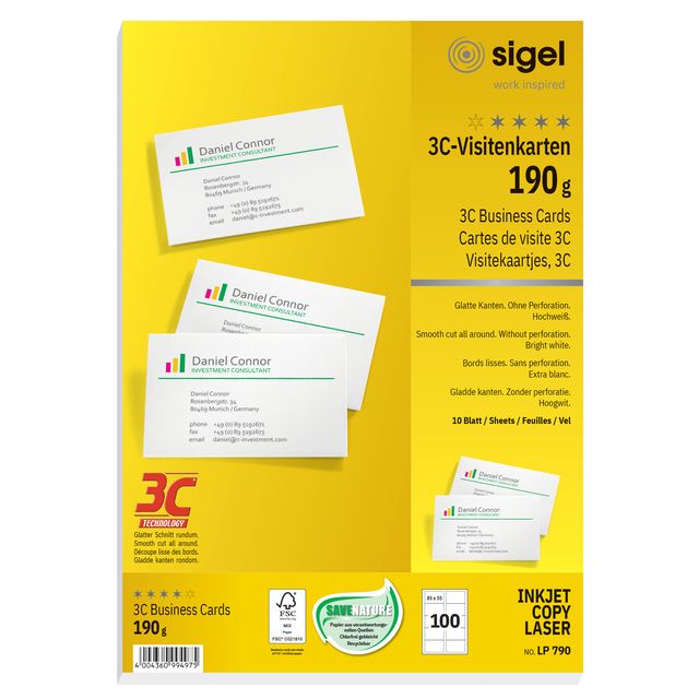Sigel - Visitekaart 85x55mm blanco 190gr wit