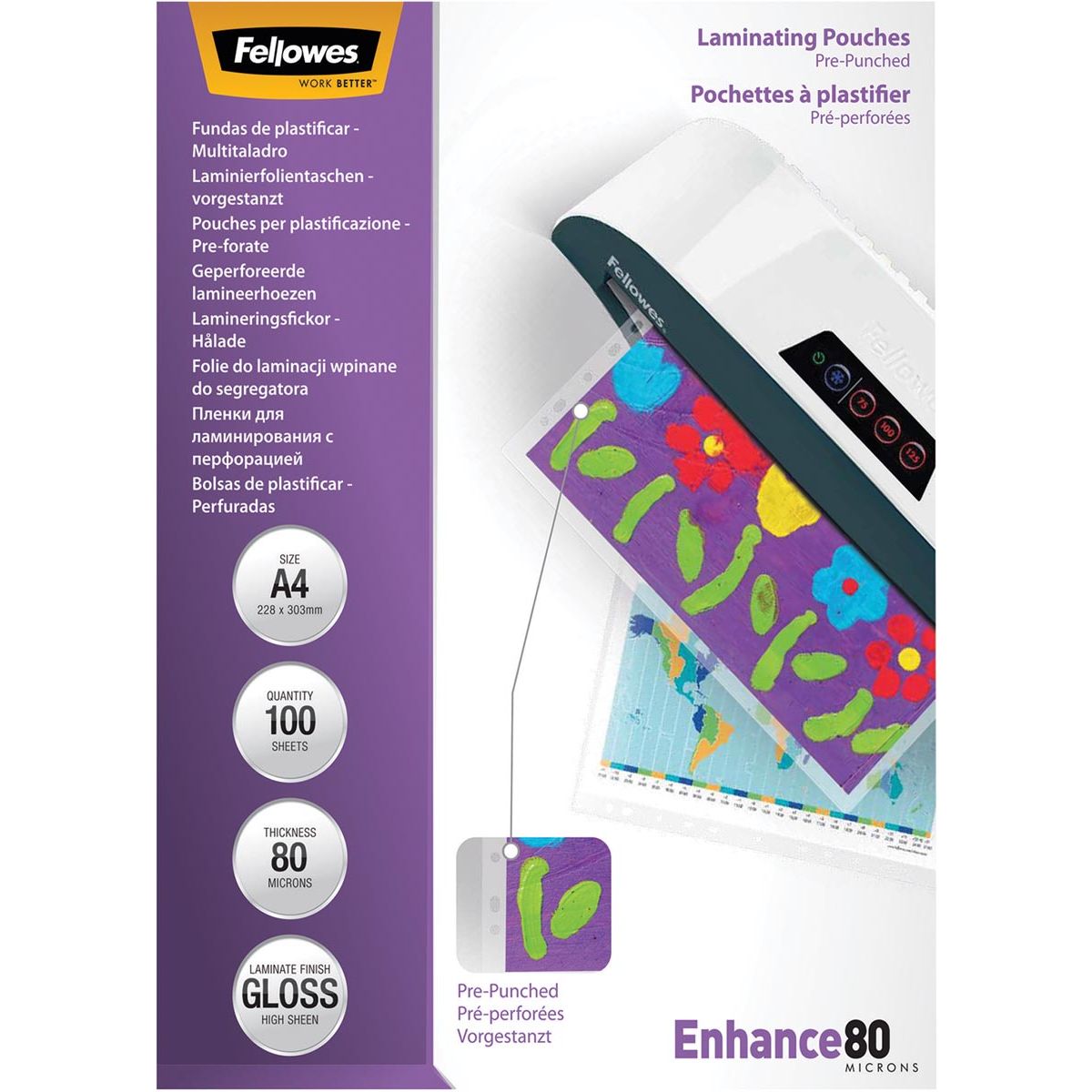 Fellowes - Laminierfolie Enhance80 perforiert ft228 x 303 mm, 160 Mikron (2 x 80 Mikron), 100er-Packung