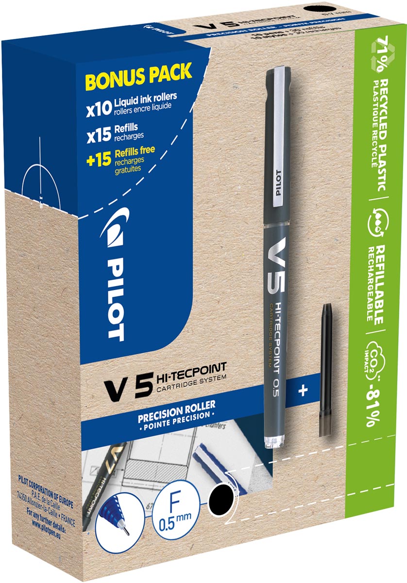 Pilot - Hi-Tecpoint V5, 10 rollers + 30 refills, fine, black