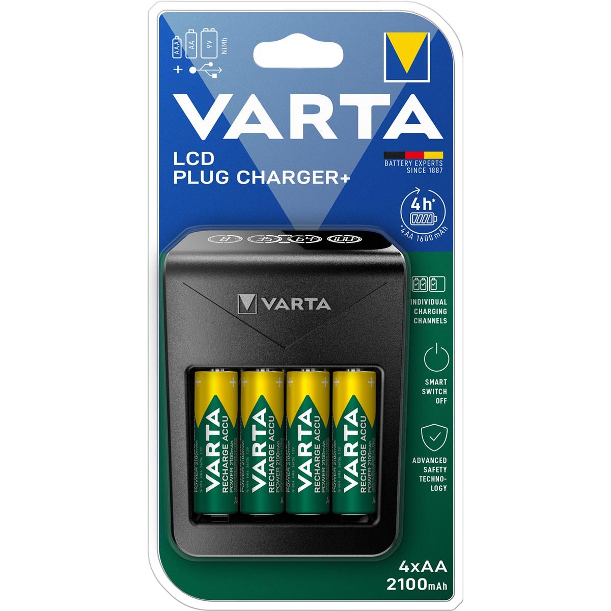 Varta - batterijlader LCD Plug Charger+, inclusief 4 x AA batterij, op blister