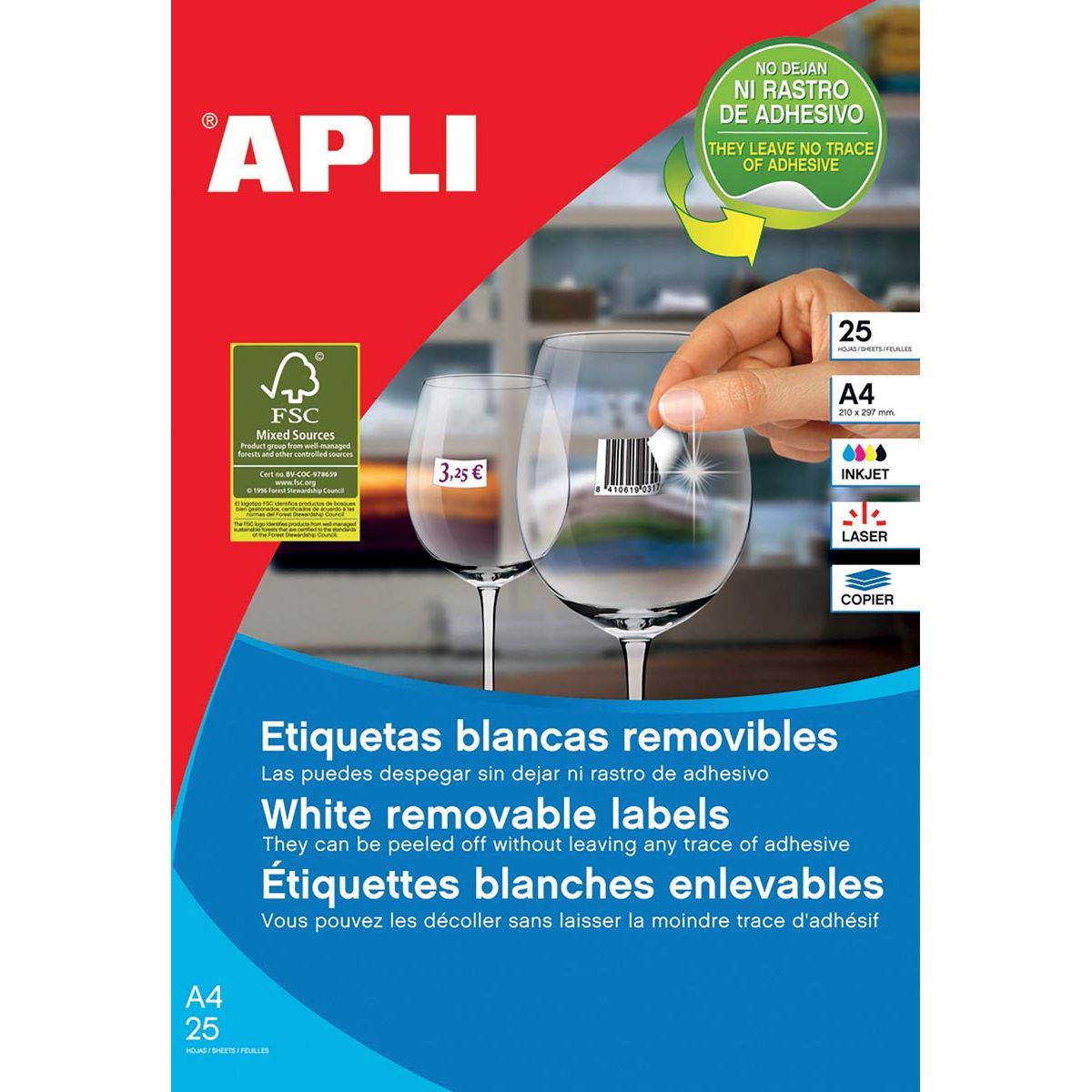 Apli - removable white labels ft 35.6 x 16.9 mm (w x h), 2,000 pieces, 80 per sheet, case of 25 sheets