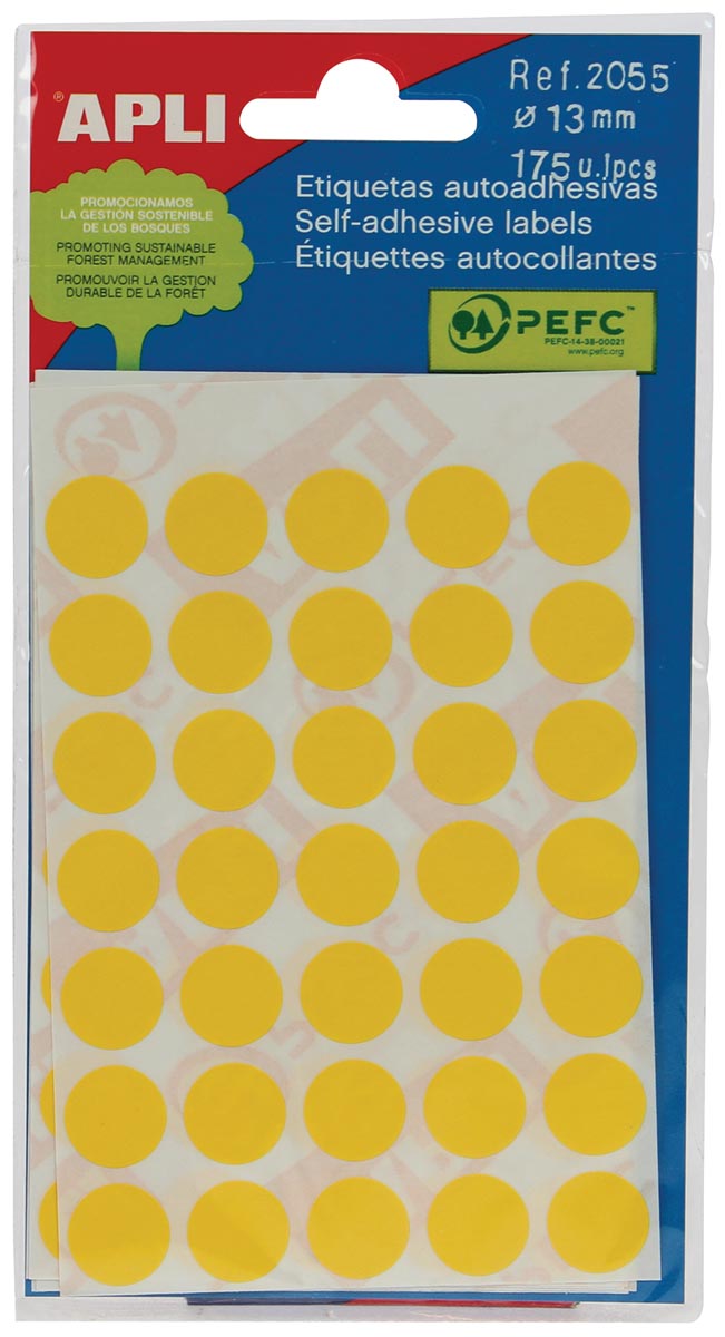 Apli - étiquettes rondes en étui diamètre 13 mm, jaune, 175 pièces, 35 par feuille (2055)