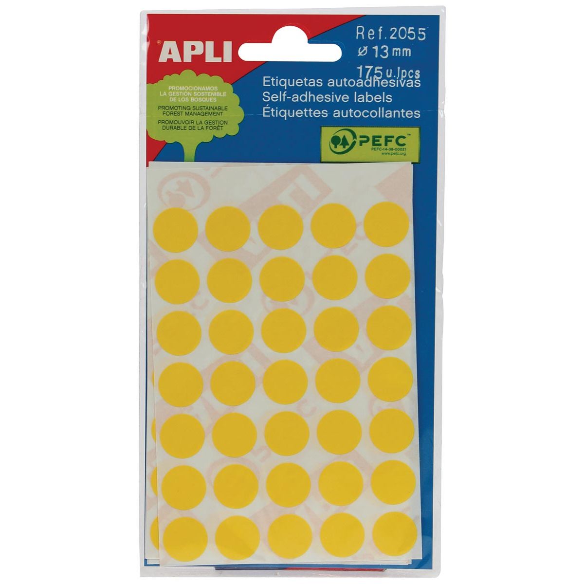 Apli - runde Etiketten im Etui Durchmesser 13 mm, gelb, 175 Stück, 35 pro Blatt (2055)
