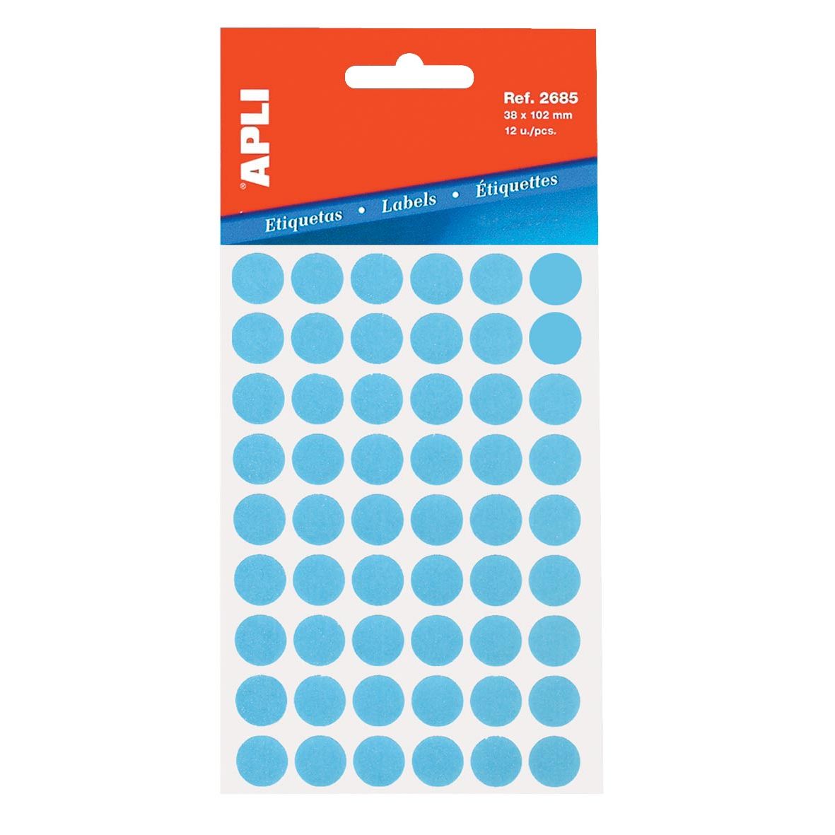 Apli - Round labels in case, diameter 13 mm, blue, 175 pieces, 35 per sheet (2056)