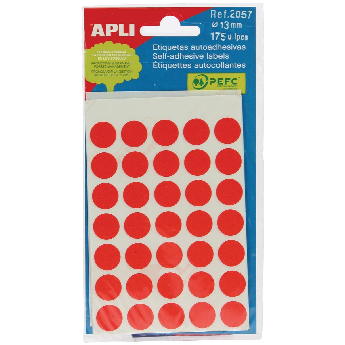 Apli - round labels in case diameter 13 mm, red, 175 pieces, 35 per sheet (2057)