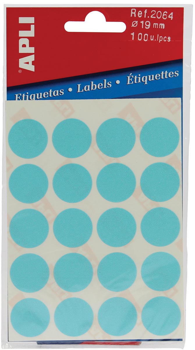 Apli - round labels in case diameter 19 mm, blue, 100 pieces, 20 per sheet (2064)