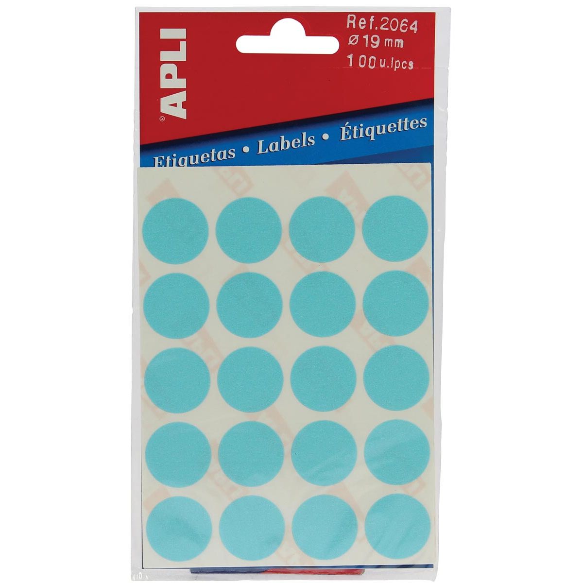 Apli - round labels in case diameter 19 mm, blue, 100 pieces, 20 per sheet (2064)