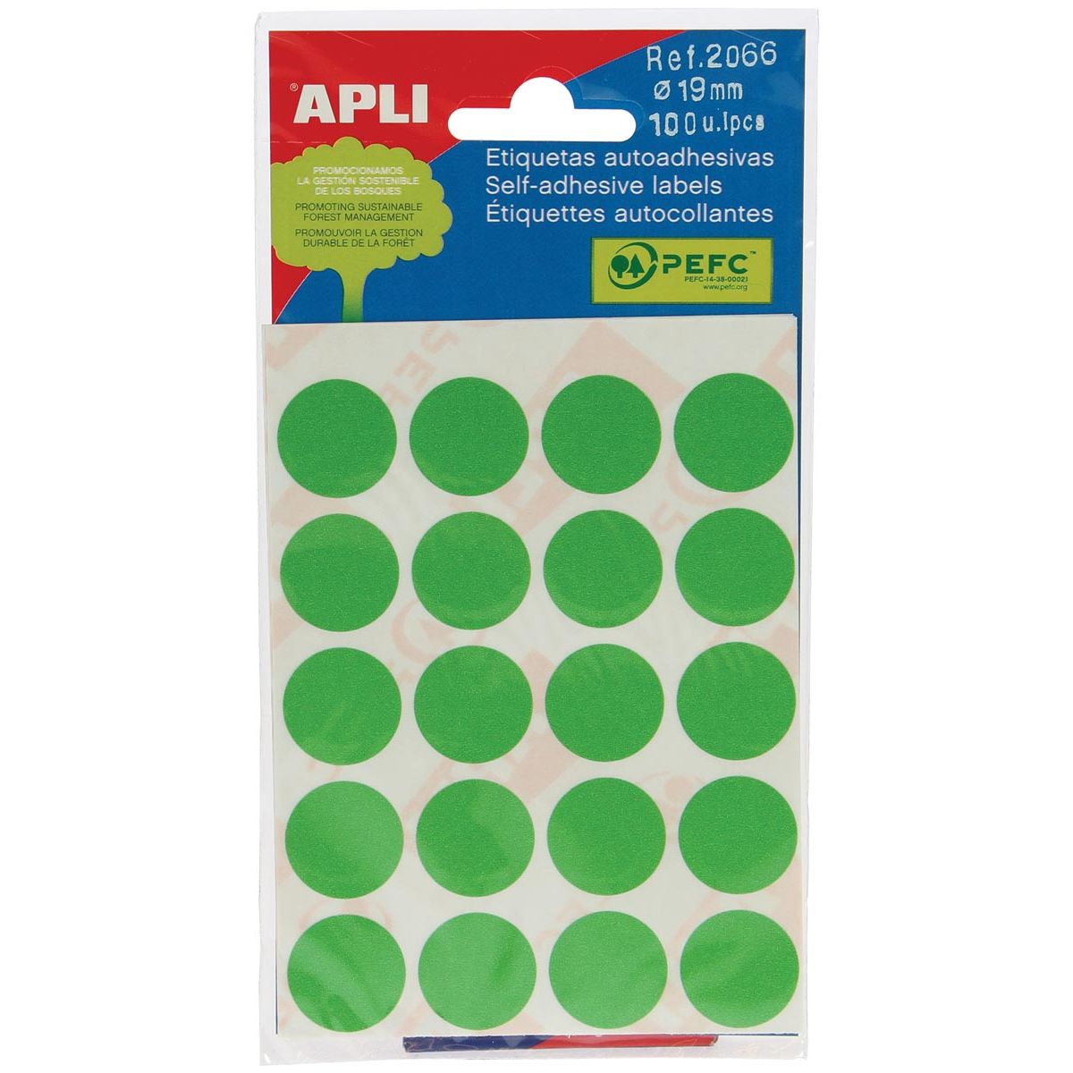 Apli - round labels in case diameter 19 mm, green, 100 pieces, 20 per sheet (2066)